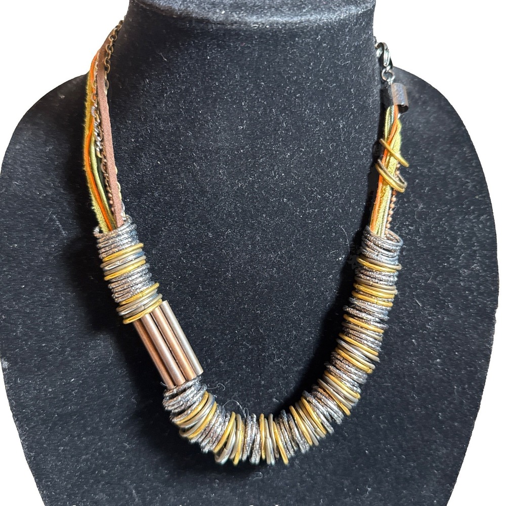 New Tag Vintage Jewelry Necklace 10" Artistic Modern Mixed Metal & Cord  Cluster